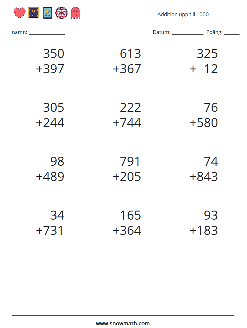 (12) Addition upp till 1000 Matematiska arbetsblad 6