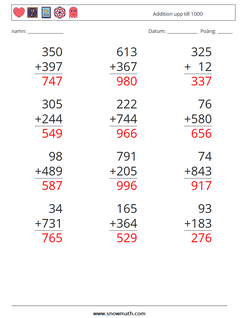 (12) Addition upp till 1000 Matematiska arbetsblad 6 Fråga, svar