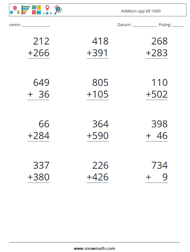 (12) Addition upp till 1000 Matematiska arbetsblad 7