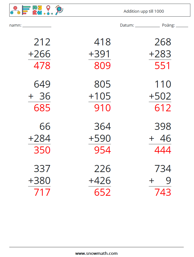 (12) Addition upp till 1000 Matematiska arbetsblad 7 Fråga, svar