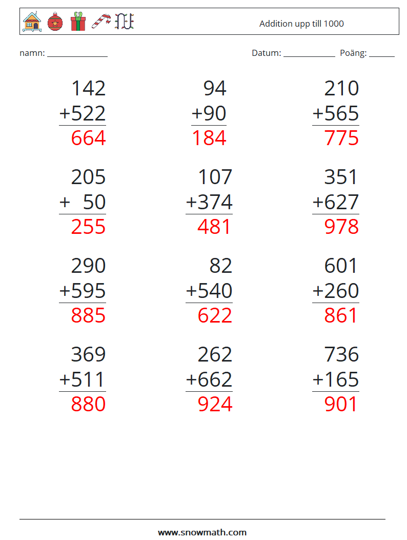 (12) Addition upp till 1000 Matematiska arbetsblad 8 Fråga, svar