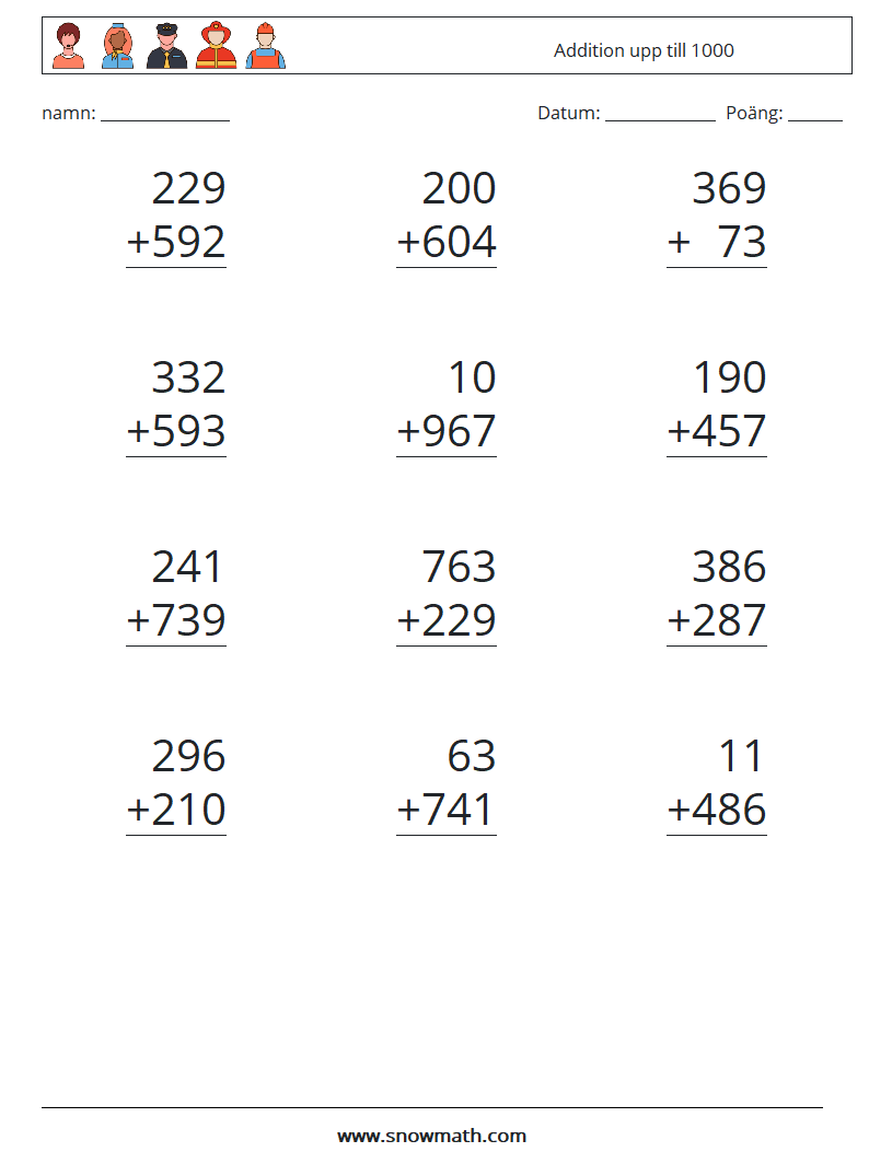 (12) Addition upp till 1000 Matematiska arbetsblad 9