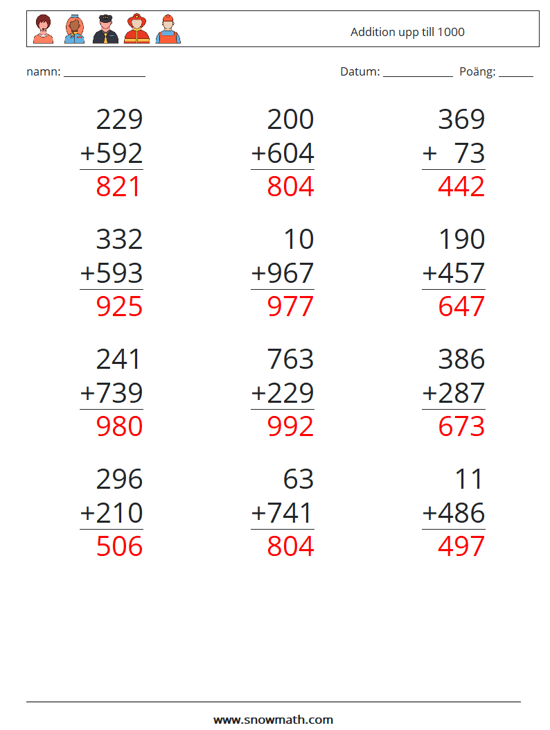 (12) Addition upp till 1000 Matematiska arbetsblad 9 Fråga, svar