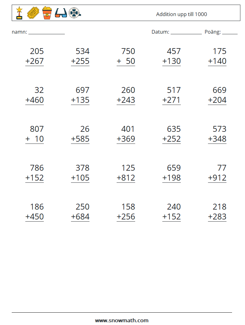 (25) Addition upp till 1000 Matematiska arbetsblad 10