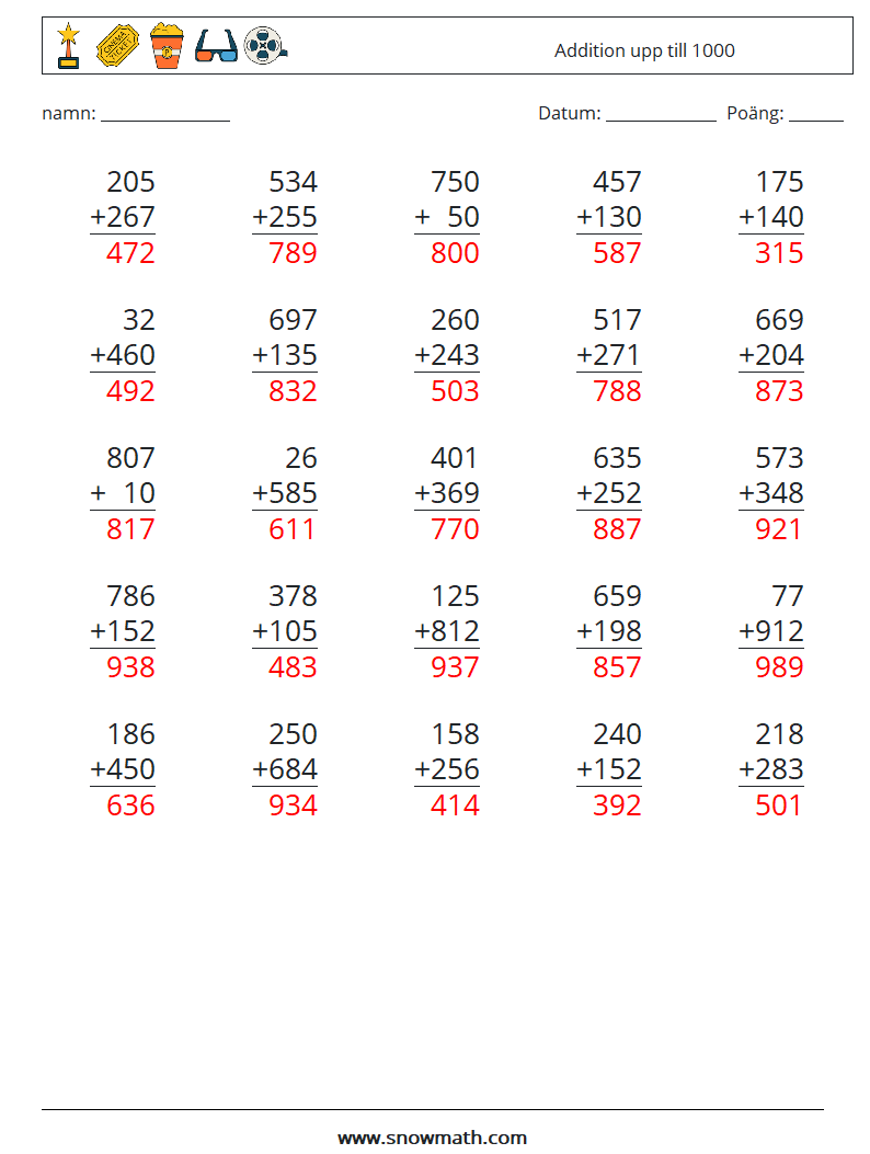 (25) Addition upp till 1000 Matematiska arbetsblad 10 Fråga, svar