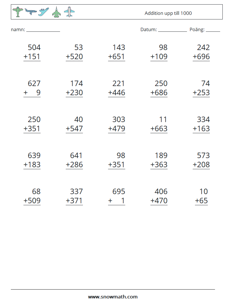 (25) Addition upp till 1000 Matematiska arbetsblad 11