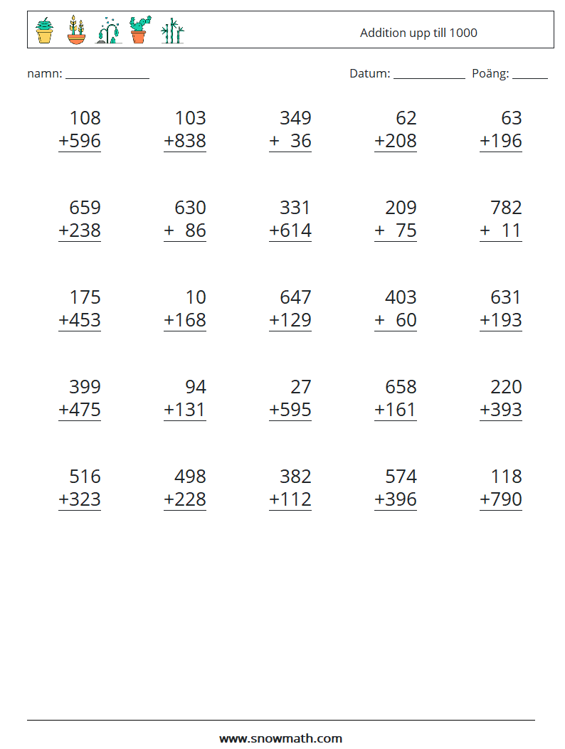 (25) Addition upp till 1000 Matematiska arbetsblad 12