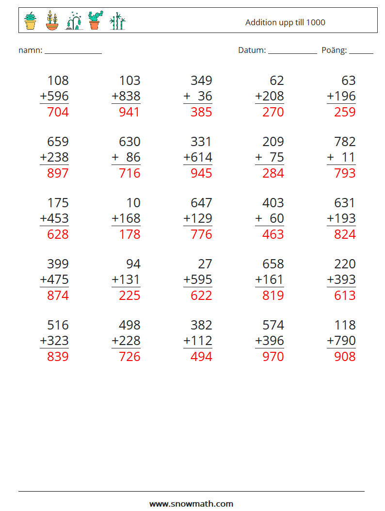 (25) Addition upp till 1000 Matematiska arbetsblad 12 Fråga, svar