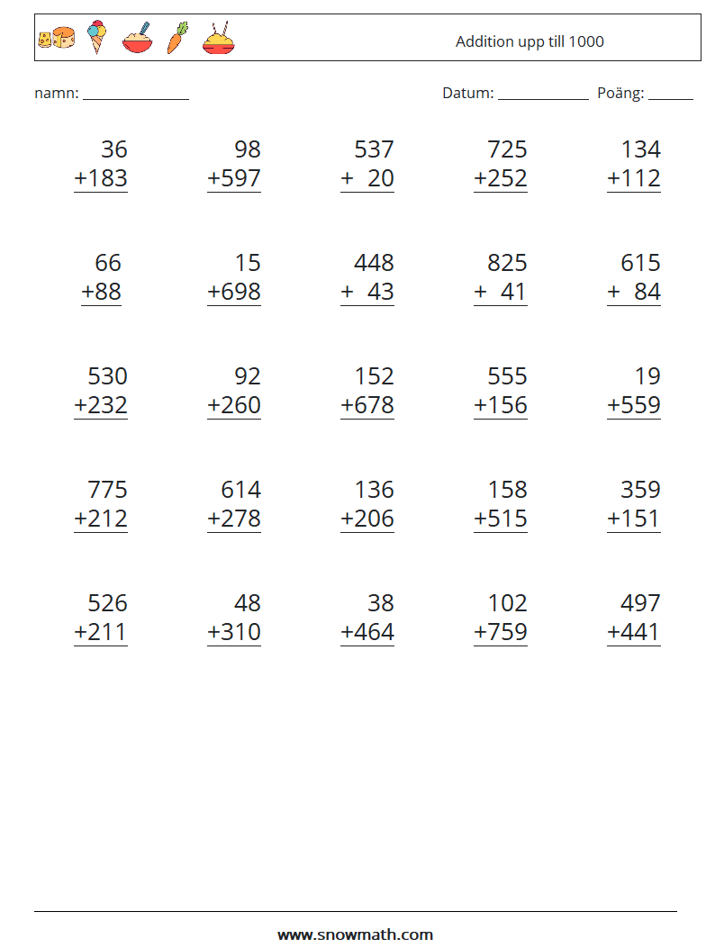 (25) Addition upp till 1000 Matematiska arbetsblad 14