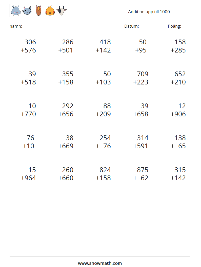 (25) Addition upp till 1000 Matematiska arbetsblad 15