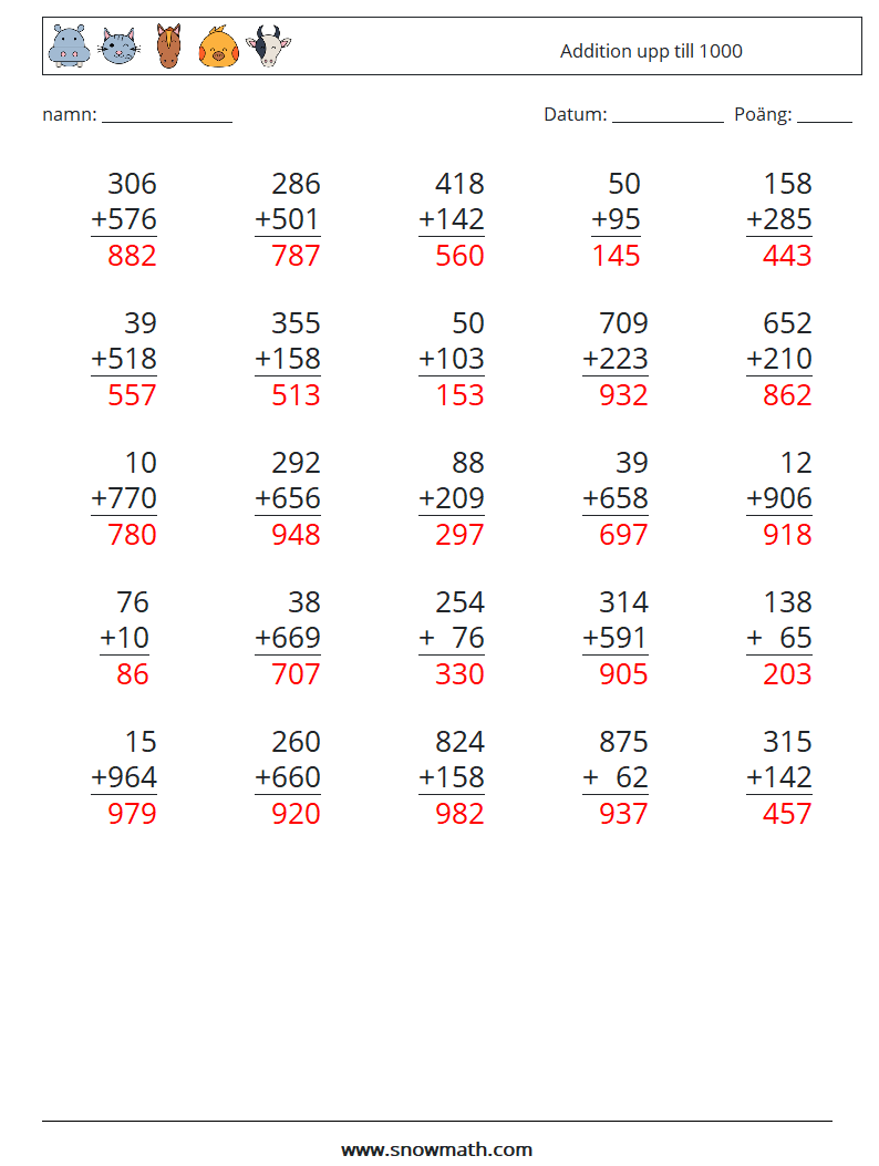 (25) Addition upp till 1000 Matematiska arbetsblad 15 Fråga, svar