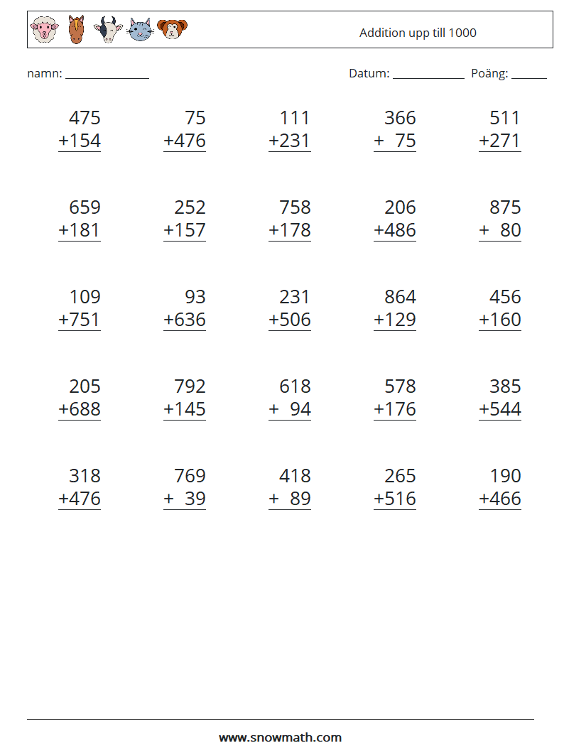 (25) Addition upp till 1000 Matematiska arbetsblad 17