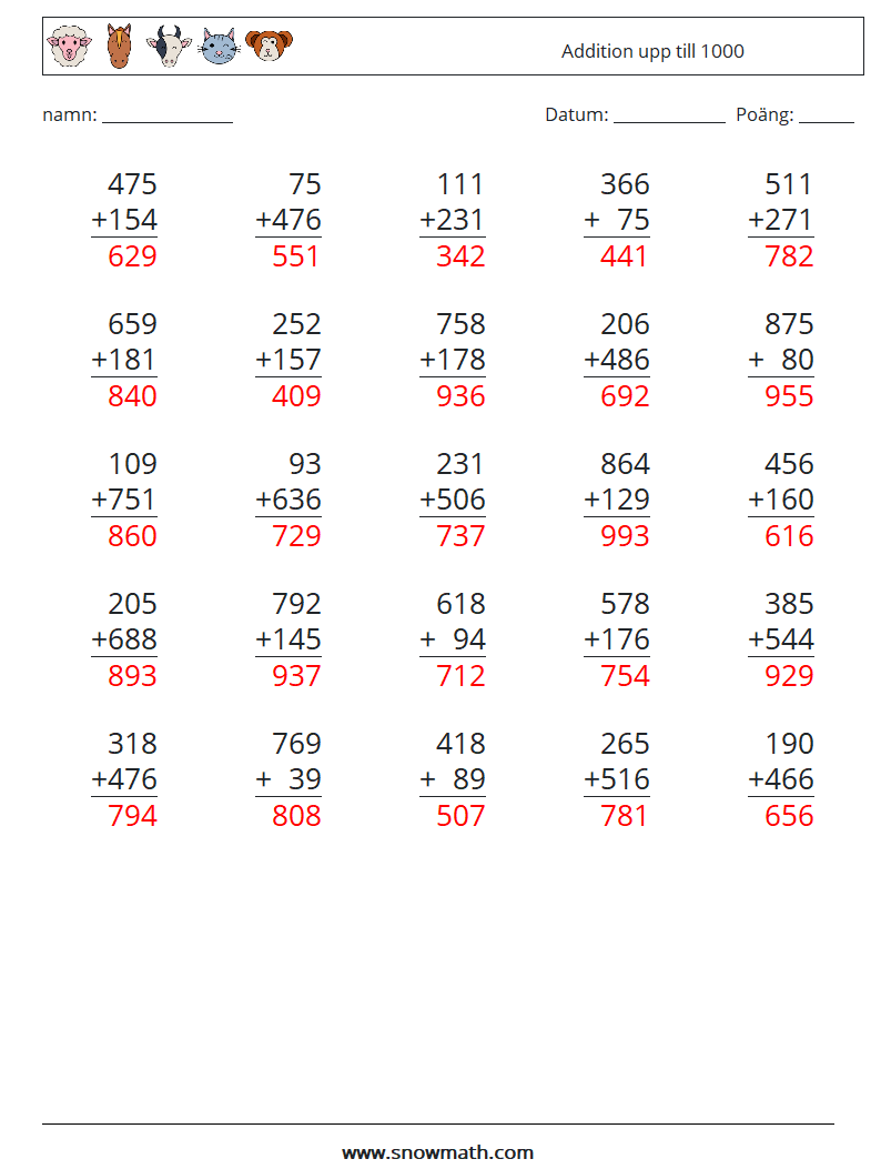 (25) Addition upp till 1000 Matematiska arbetsblad 17 Fråga, svar