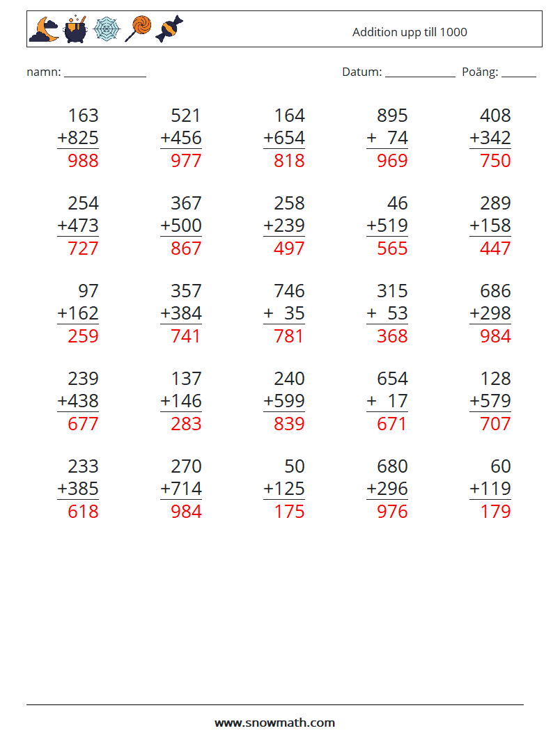 (25) Addition upp till 1000 Matematiska arbetsblad 18 Fråga, svar