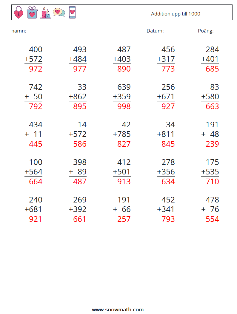 (25) Addition upp till 1000 Matematiska arbetsblad 1 Fråga, svar