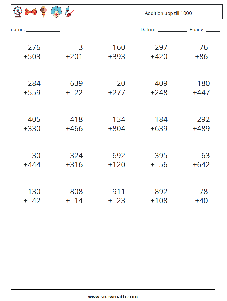 (25) Addition upp till 1000 Matematiska arbetsblad 2