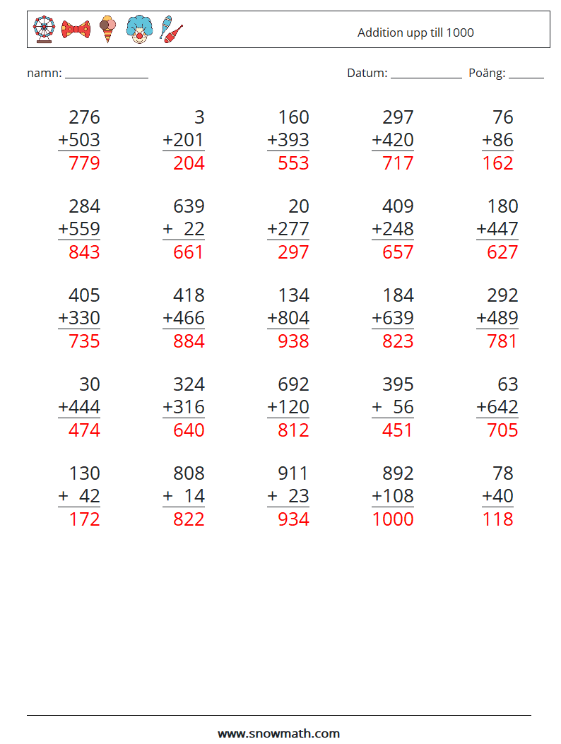 (25) Addition upp till 1000 Matematiska arbetsblad 2 Fråga, svar