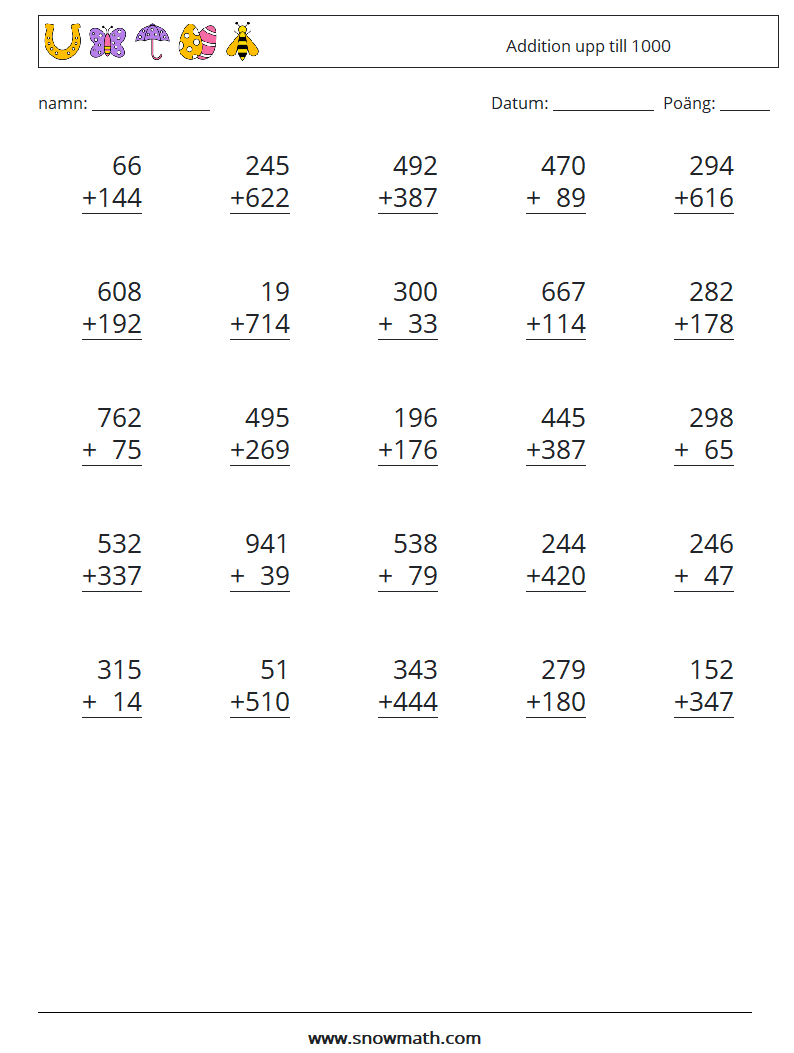 (25) Addition upp till 1000 Matematiska arbetsblad 3