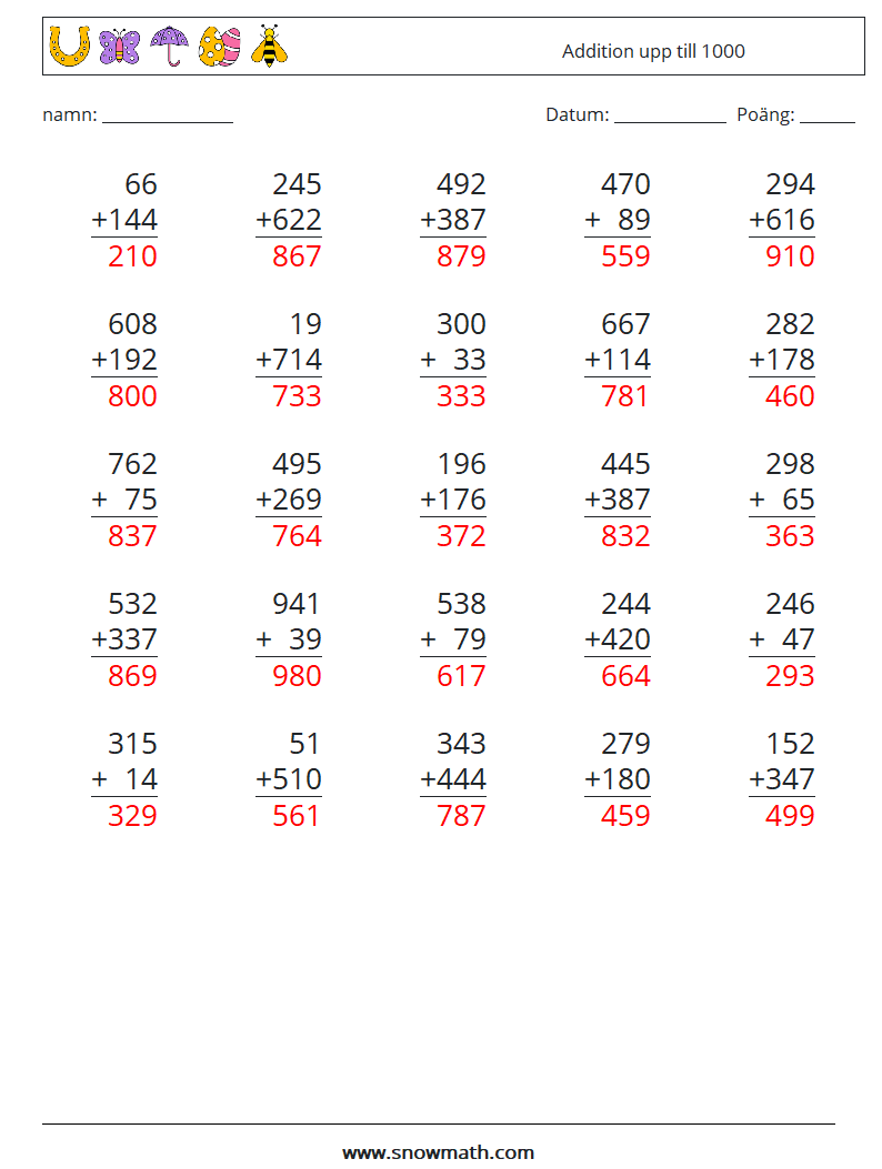 (25) Addition upp till 1000 Matematiska arbetsblad 3 Fråga, svar