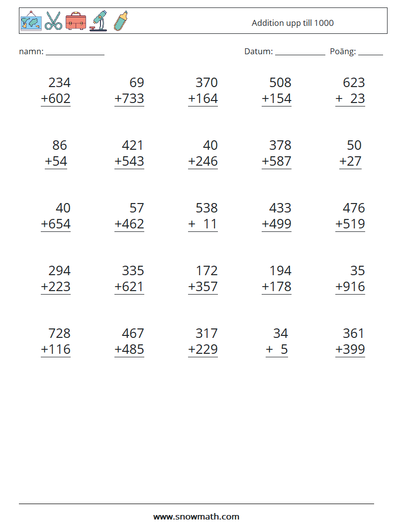 (25) Addition upp till 1000 Matematiska arbetsblad 4