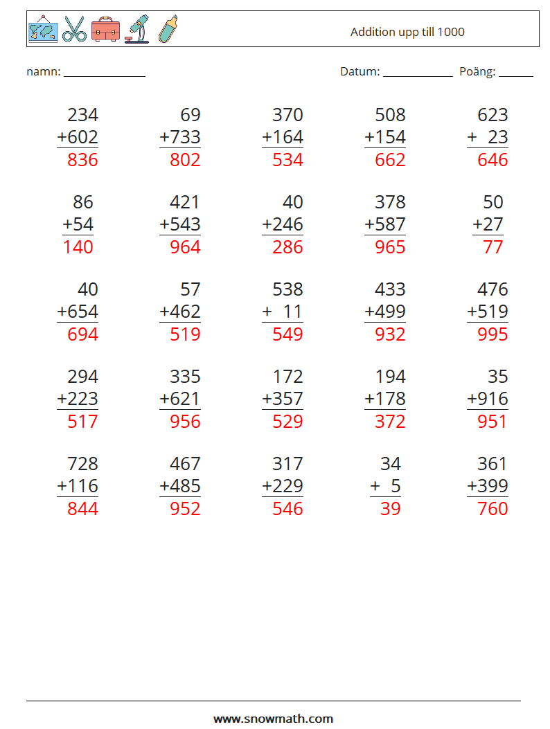 (25) Addition upp till 1000 Matematiska arbetsblad 4 Fråga, svar