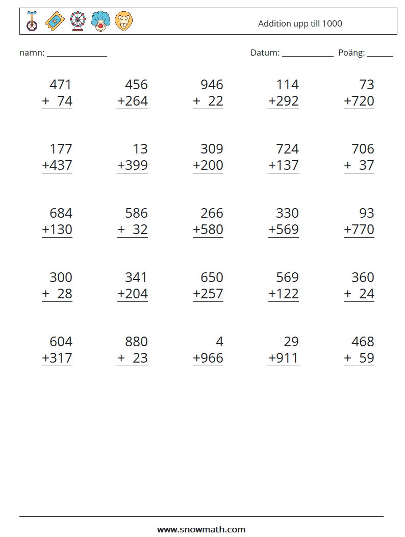 (25) Addition upp till 1000 Matematiska arbetsblad 5