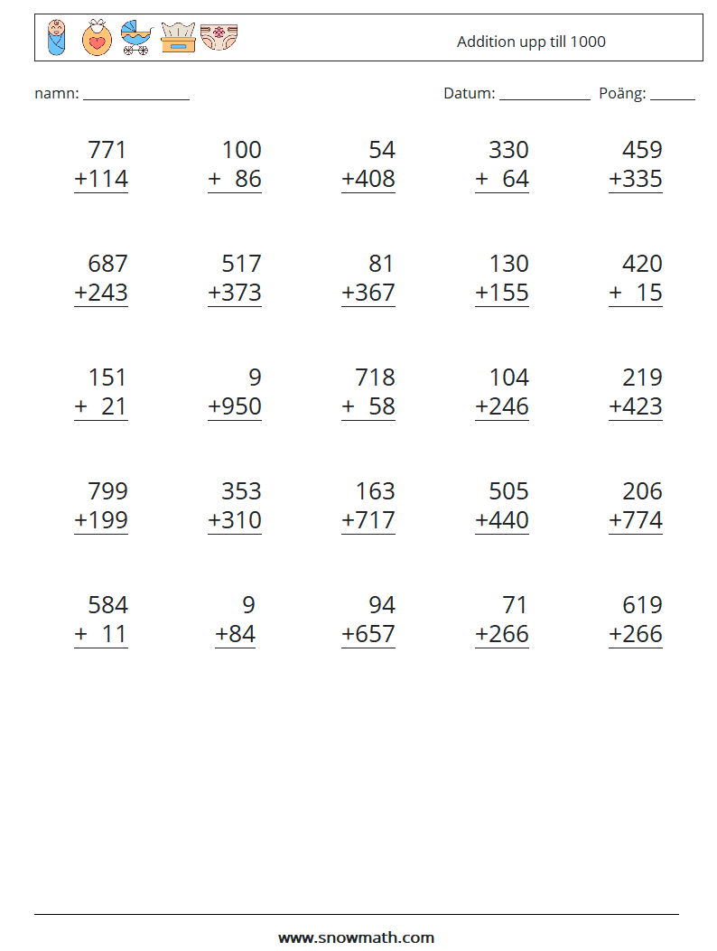 (25) Addition upp till 1000 Matematiska arbetsblad 6