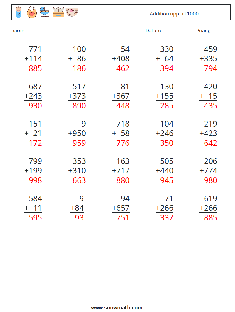 (25) Addition upp till 1000 Matematiska arbetsblad 6 Fråga, svar