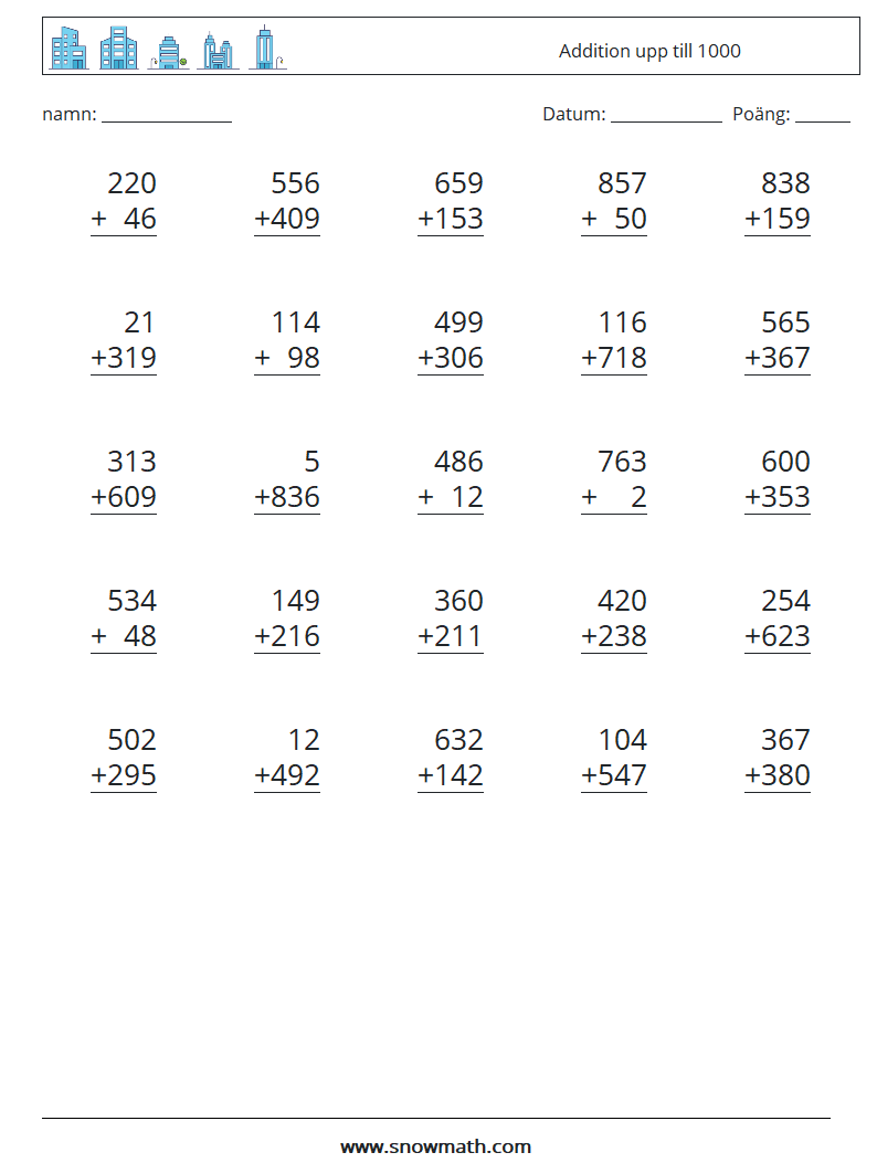 (25) Addition upp till 1000 Matematiska arbetsblad 7