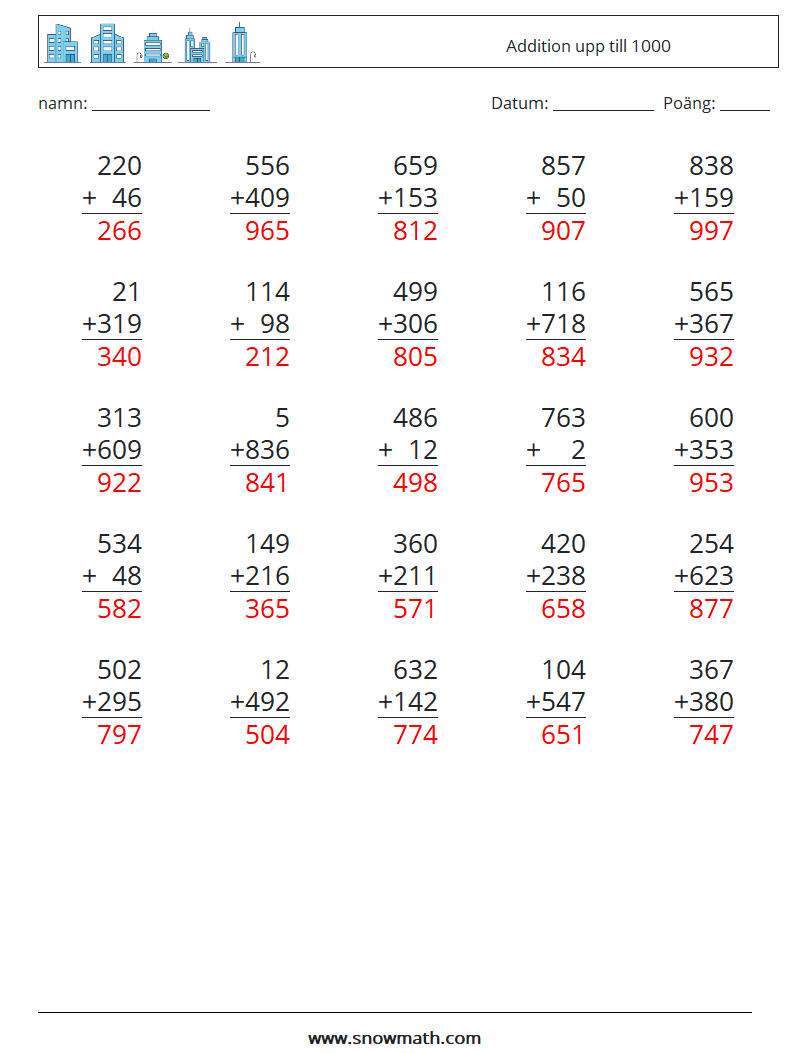 (25) Addition upp till 1000 Matematiska arbetsblad 7 Fråga, svar