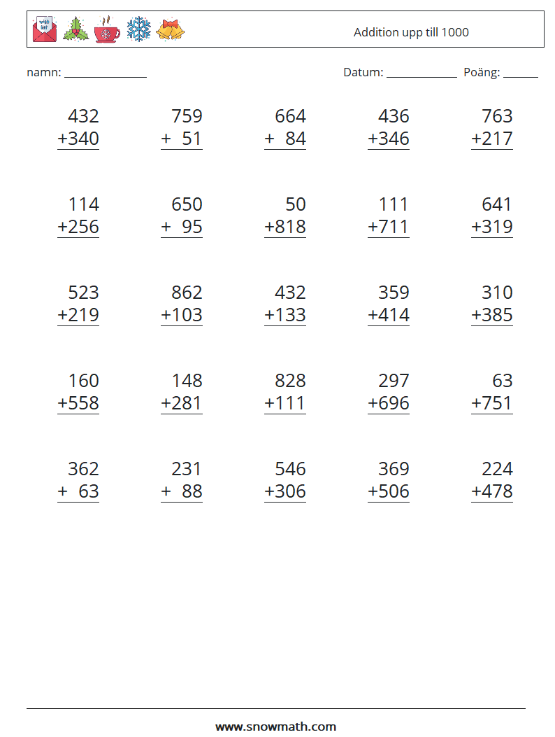 (25) Addition upp till 1000 Matematiska arbetsblad 8