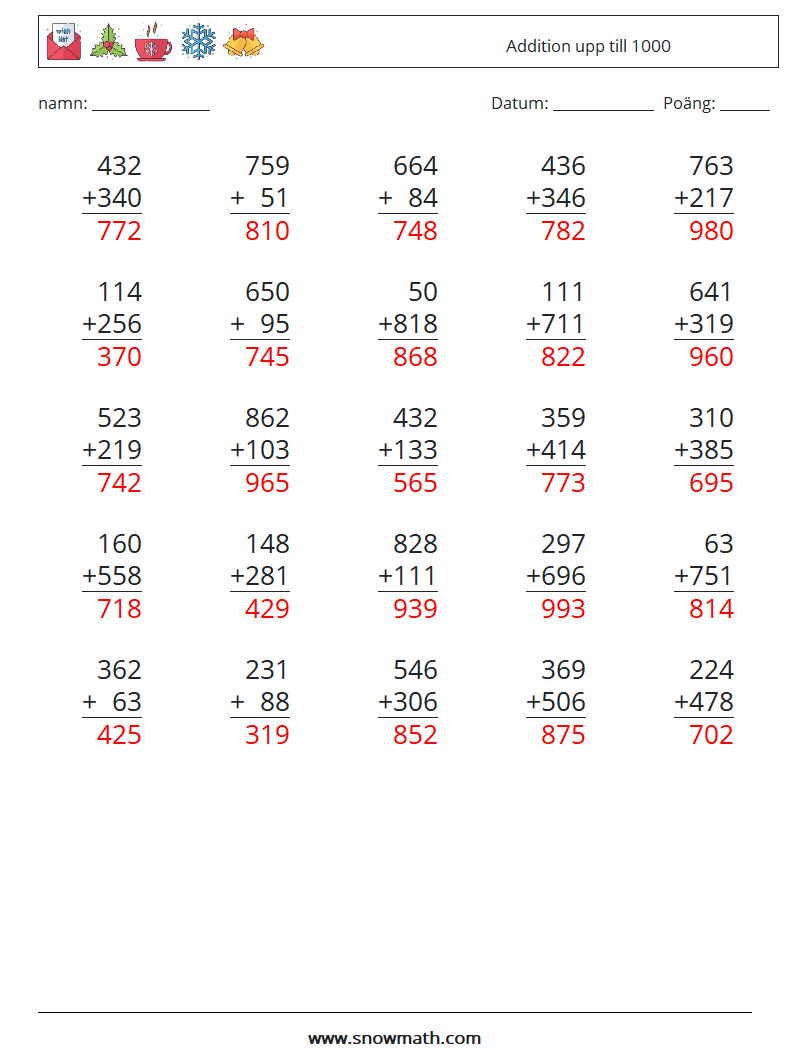 (25) Addition upp till 1000 Matematiska arbetsblad 8 Fråga, svar