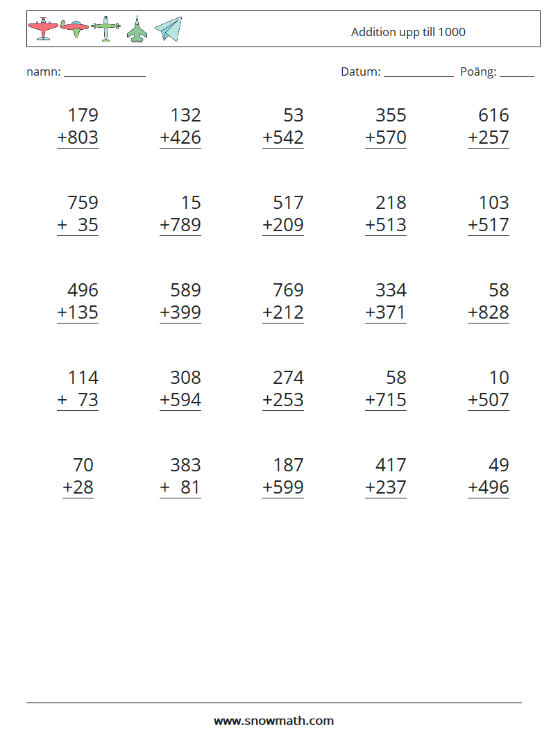 (25) Addition upp till 1000 Matematiska arbetsblad 9