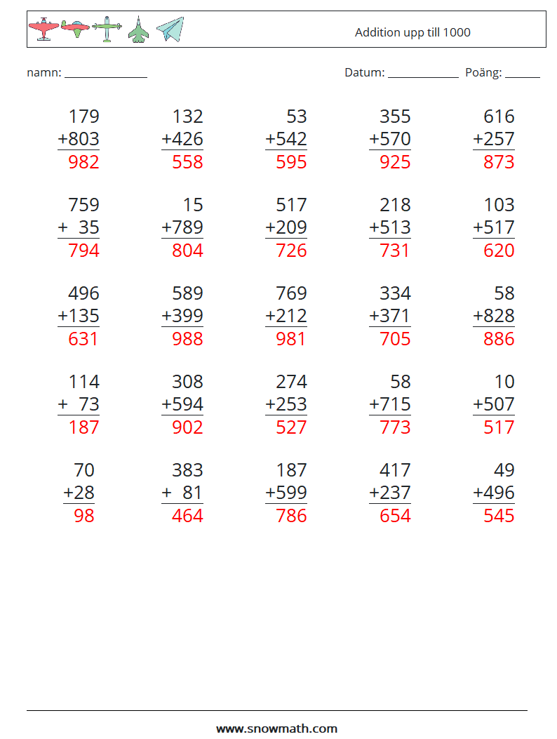 (25) Addition upp till 1000 Matematiska arbetsblad 9 Fråga, svar