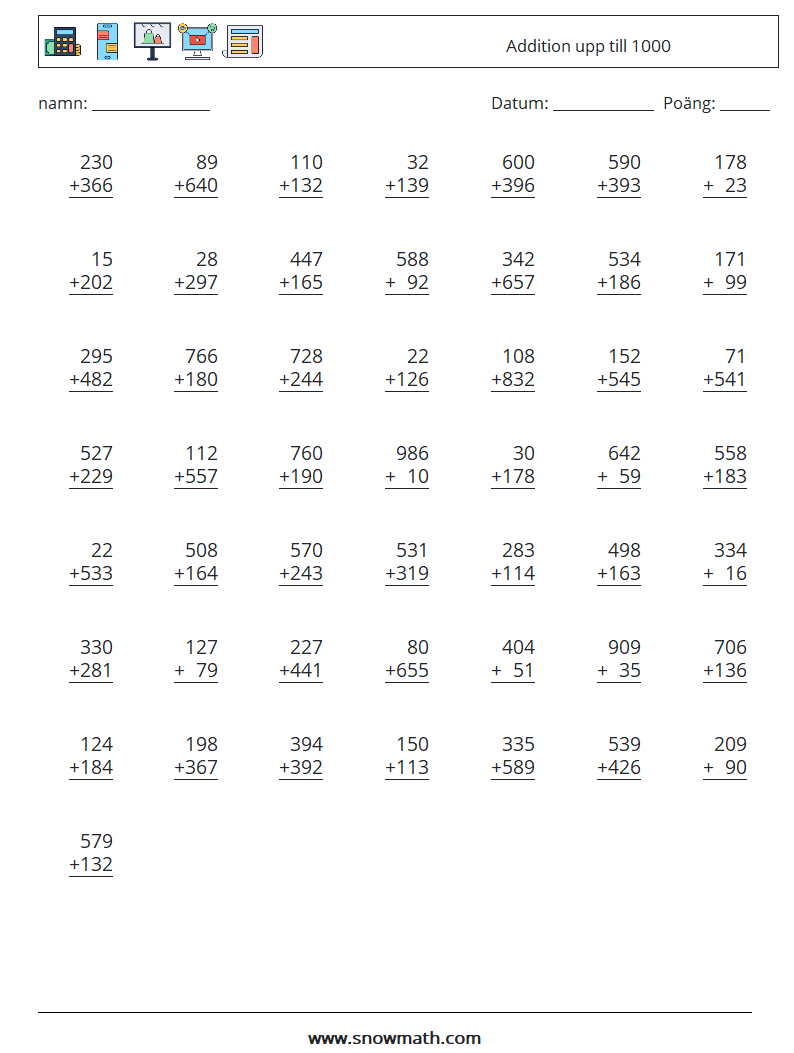 (50) Addition upp till 1000 Matematiska arbetsblad 1