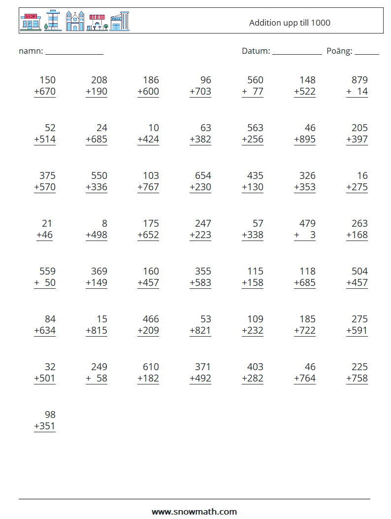 (50) Addition upp till 1000 Matematiska arbetsblad 11