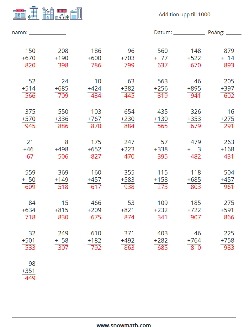 (50) Addition upp till 1000 Matematiska arbetsblad 11 Fråga, svar