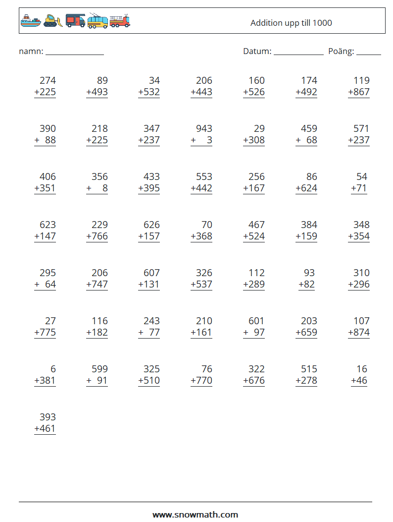 (50) Addition upp till 1000 Matematiska arbetsblad 12