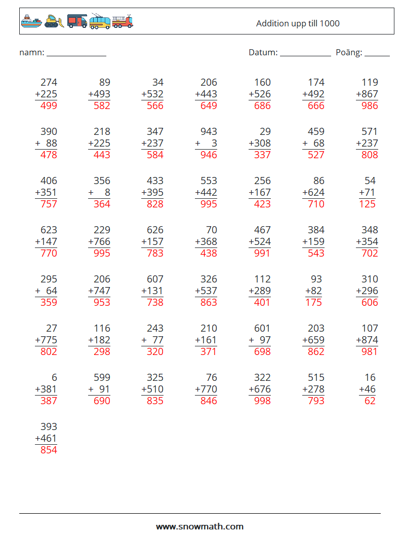 (50) Addition upp till 1000 Matematiska arbetsblad 12 Fråga, svar