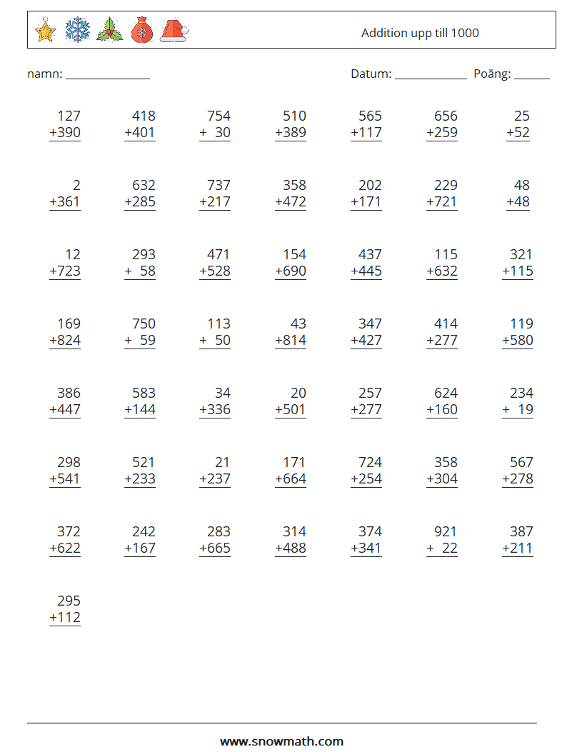 (50) Addition upp till 1000 Matematiska arbetsblad 13