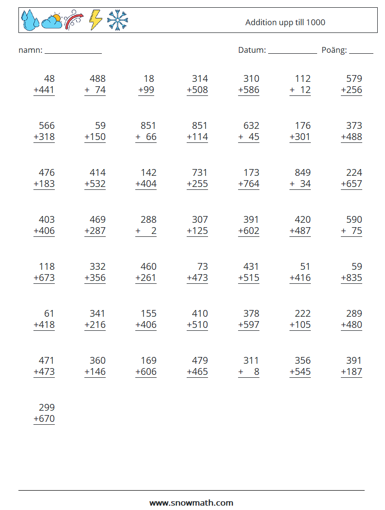 (50) Addition upp till 1000 Matematiska arbetsblad 14