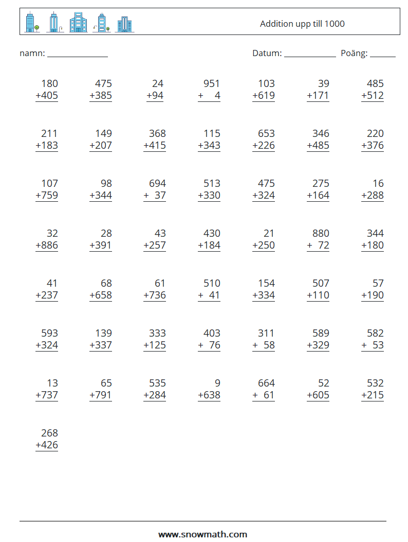 (50) Addition upp till 1000 Matematiska arbetsblad 15