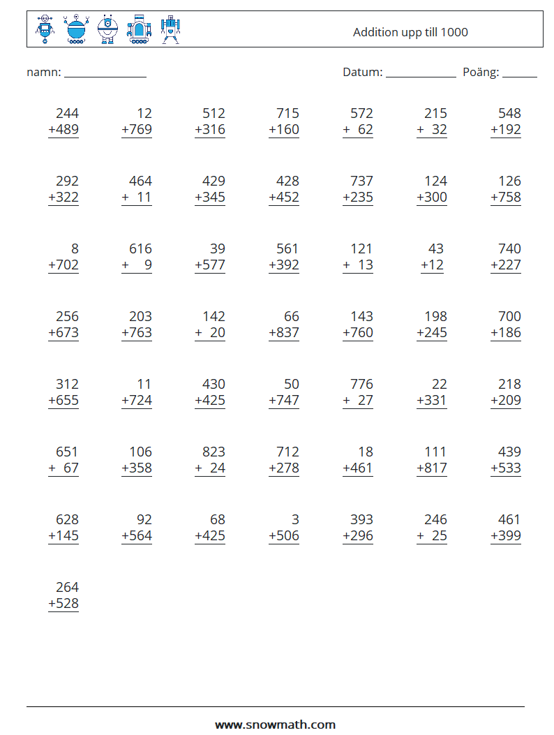 (50) Addition upp till 1000 Matematiska arbetsblad 16