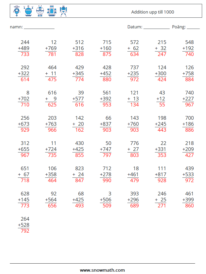 (50) Addition upp till 1000 Matematiska arbetsblad 16 Fråga, svar