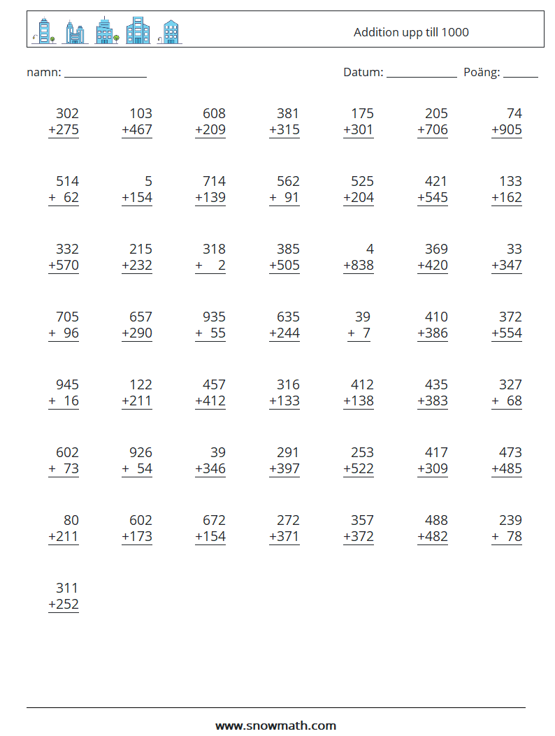 (50) Addition upp till 1000 Matematiska arbetsblad 17