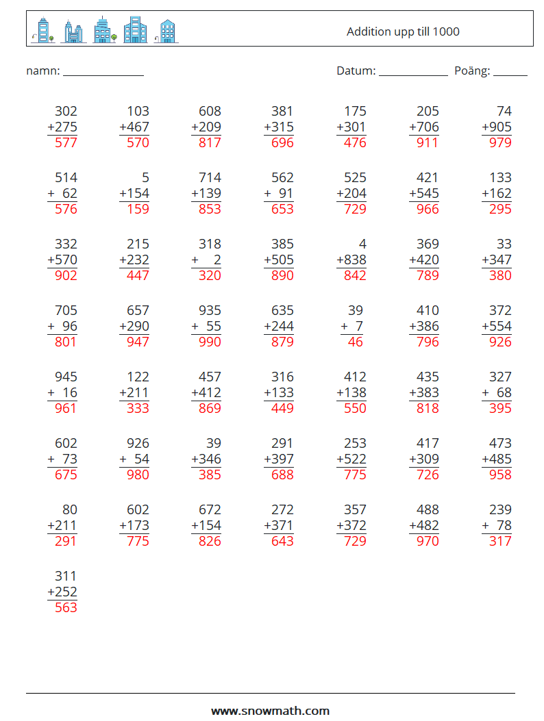 (50) Addition upp till 1000 Matematiska arbetsblad 17 Fråga, svar