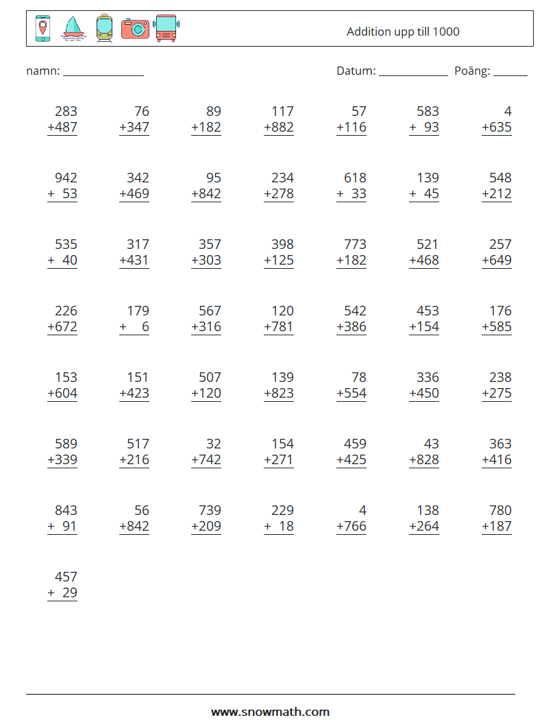 (50) Addition upp till 1000 Matematiska arbetsblad 18