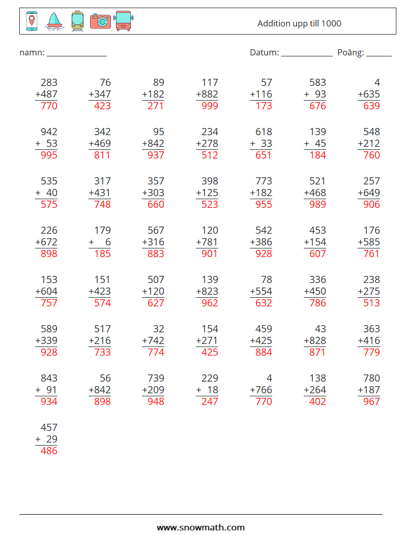 (50) Addition upp till 1000 Matematiska arbetsblad 18 Fråga, svar