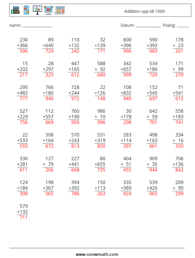 (50) Addition upp till 1000 Matematiska arbetsblad 1 Fråga, svar