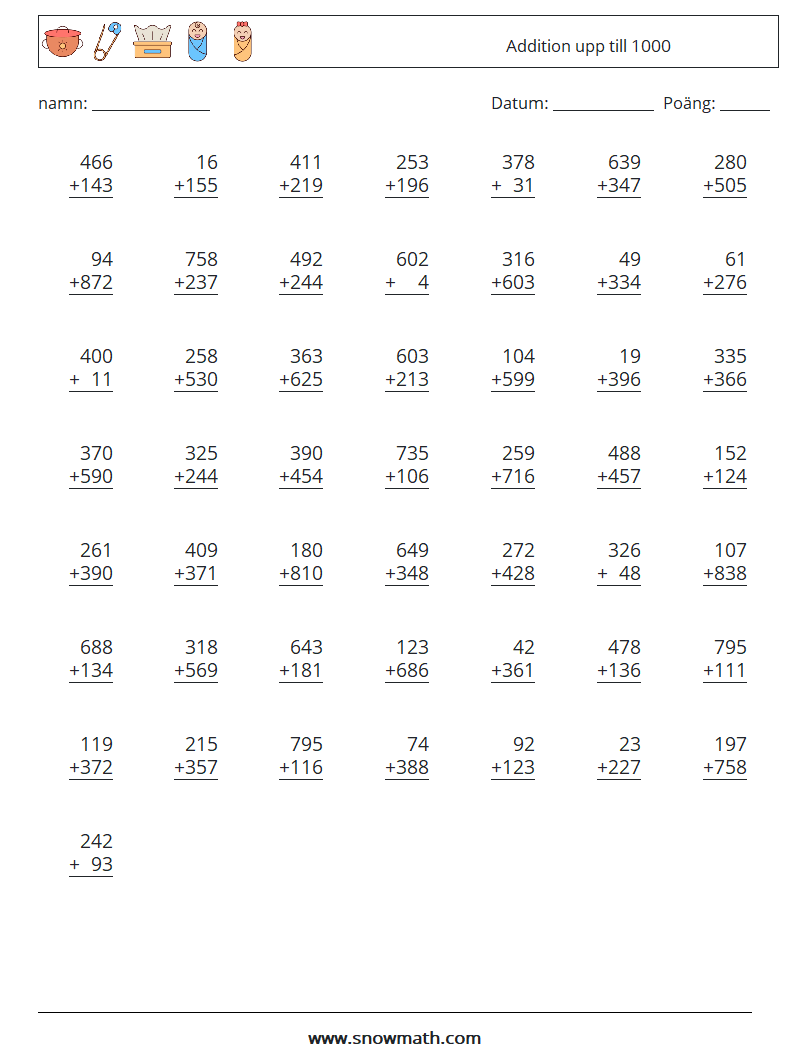 (50) Addition upp till 1000 Matematiska arbetsblad 2